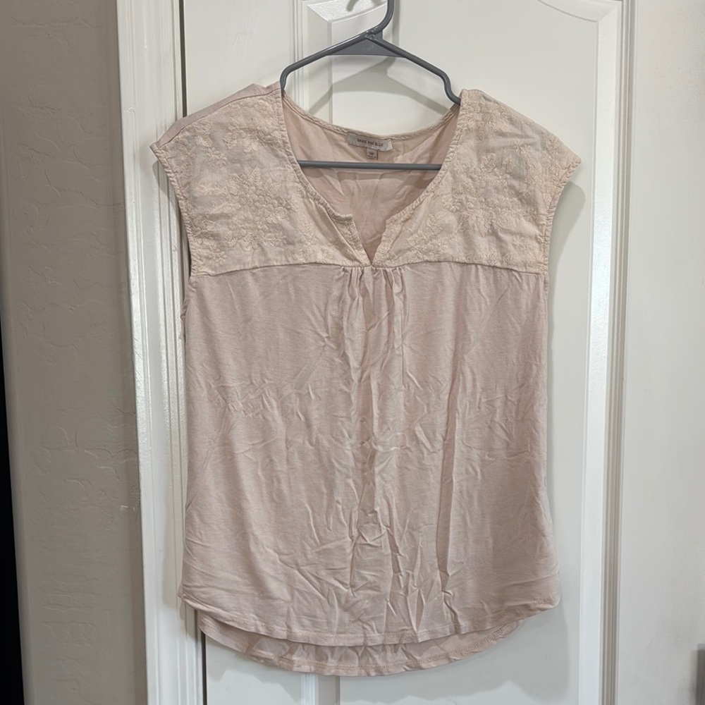 Skies Are Blue Tan Buttoned Bib Collar Blouse / C57